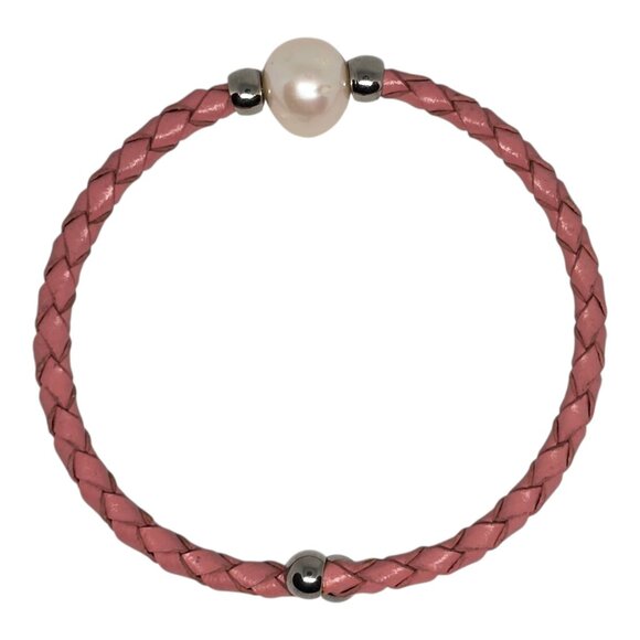 None Jewelry - Braided Pink Leather Bracelet With Freshwater Pearl & Silver Accents For Women